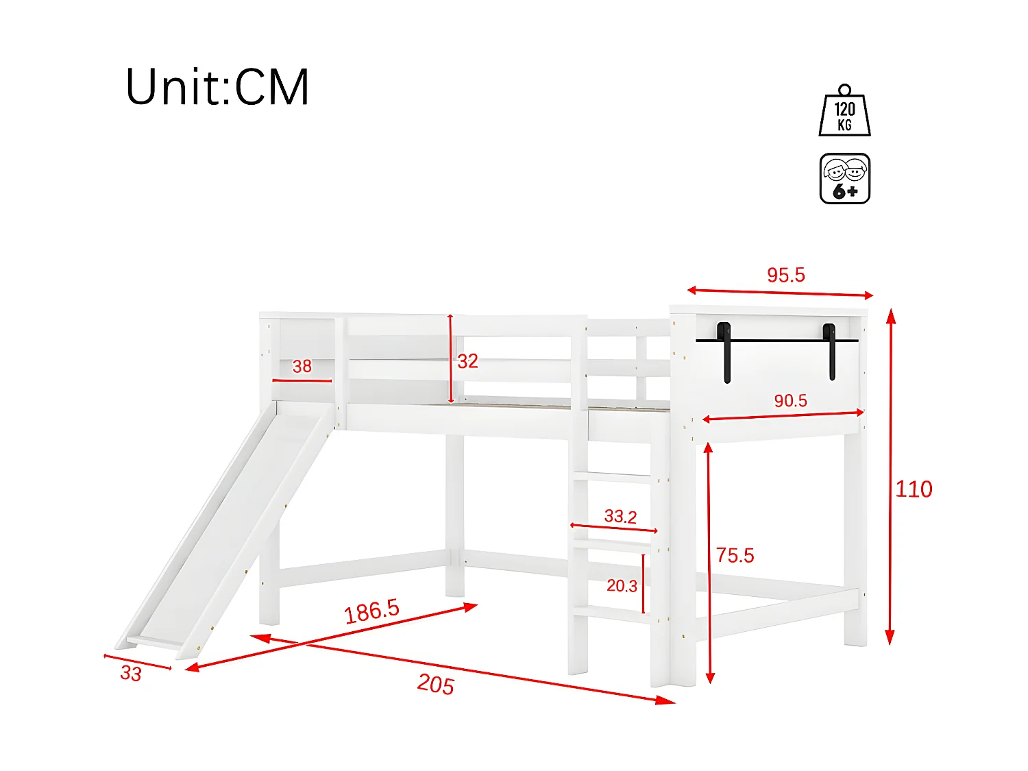 Lit mezzanine 90x200cm - avec toboggan et échelle - en pin massif - Blanc