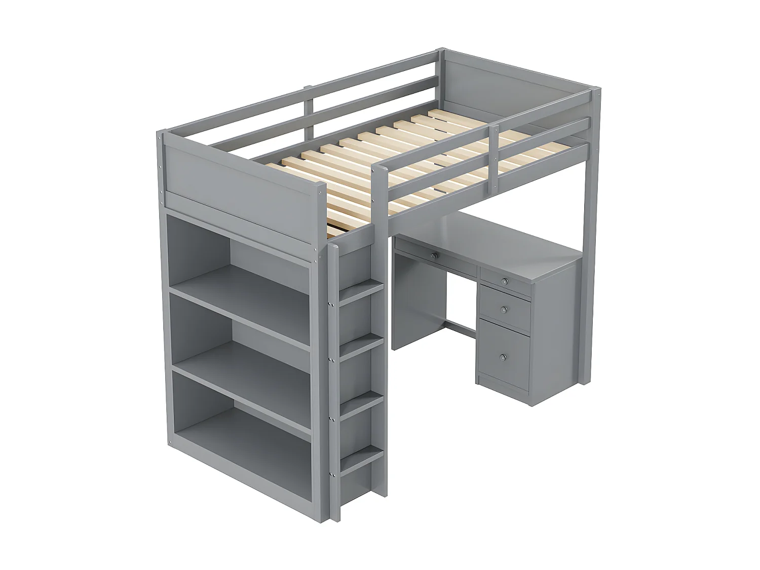 Cama entrepiso 90x200 cm - con mueble de almacenaje y escritorio - madera maciza - Gris