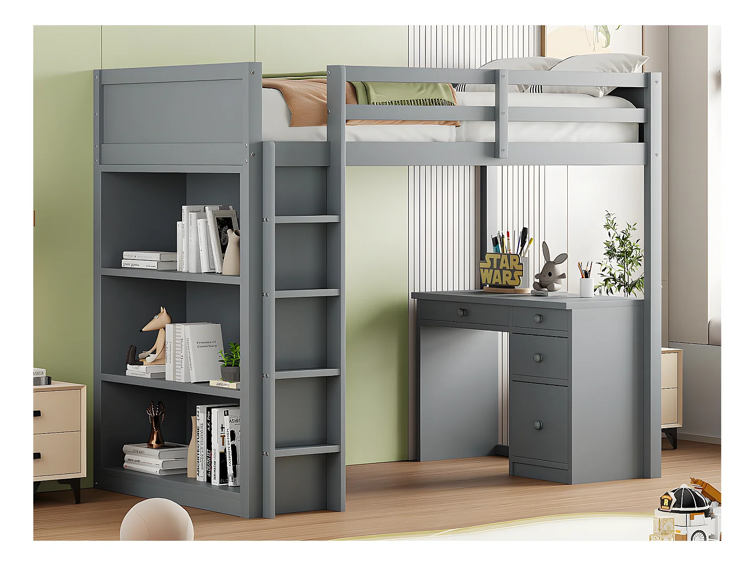 Lit mezzanine 90x200 cm - avec meubles de rangement et un bureau - en bois massif - Gris