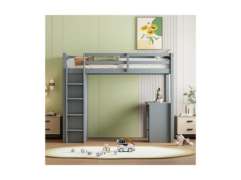 Hochbett 90x200 cm – mit Stauraummöbeln und Schreibtisch – Massivholz – Grau