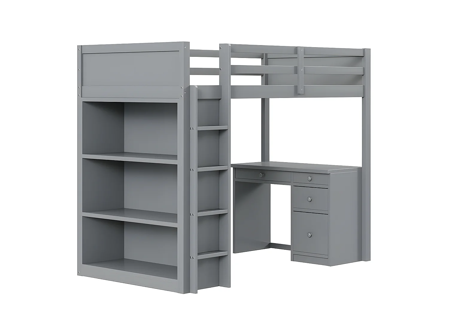 Hochbett 90x200 cm – mit Stauraummöbeln und Schreibtisch – Massivholz – Grau