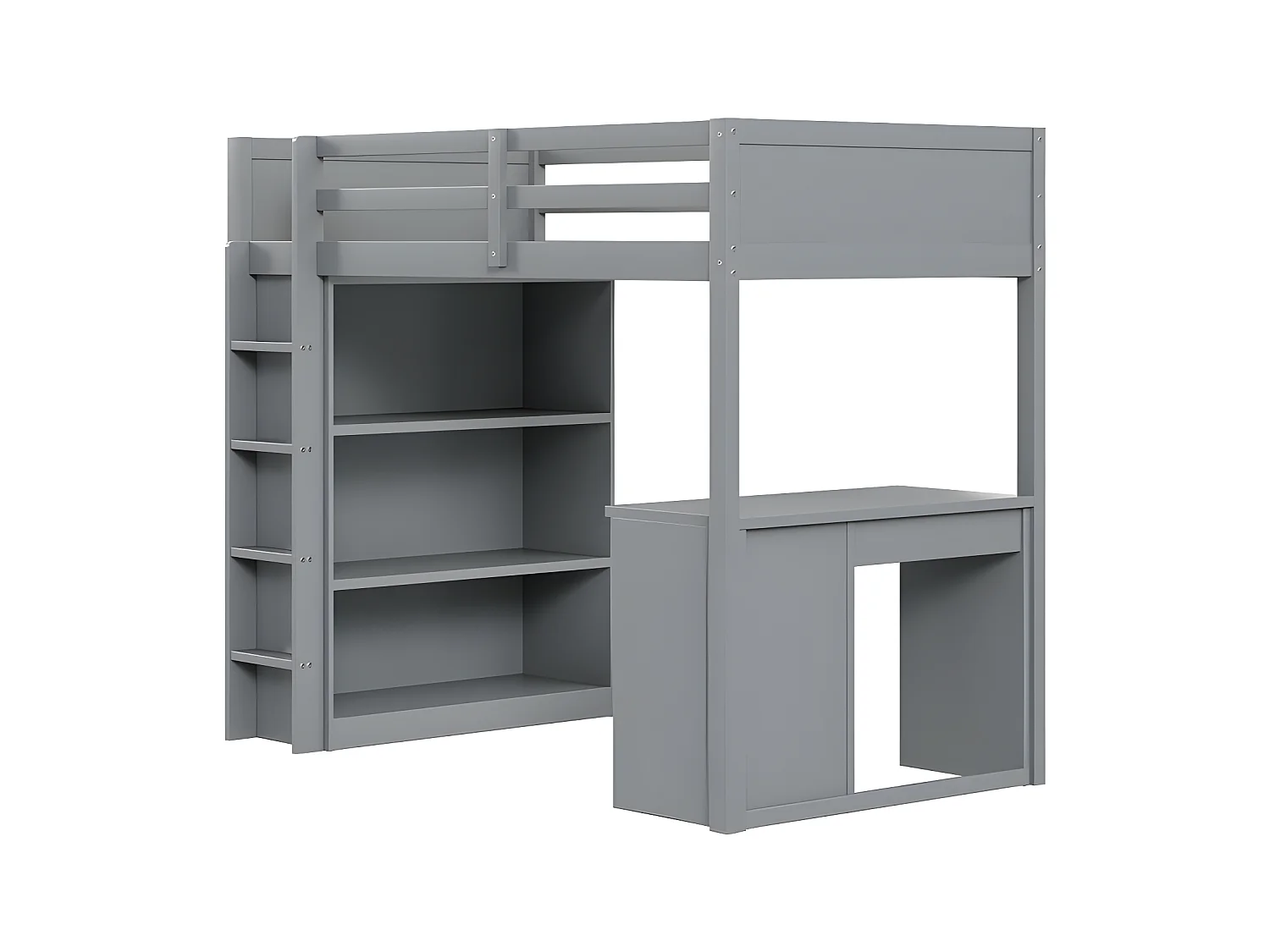 Hochbett 90x200 cm – mit Stauraummöbeln und Schreibtisch – Massivholz – Grau