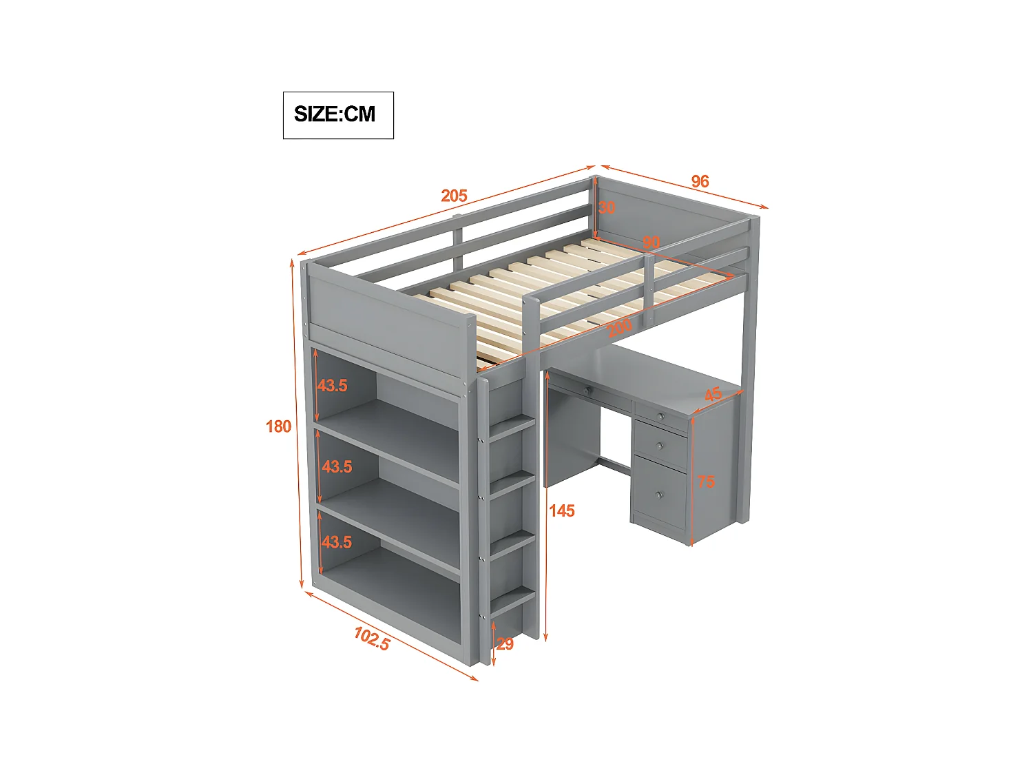 Hochbett 90x200 cm – mit Stauraummöbeln und Schreibtisch – Massivholz – Grau