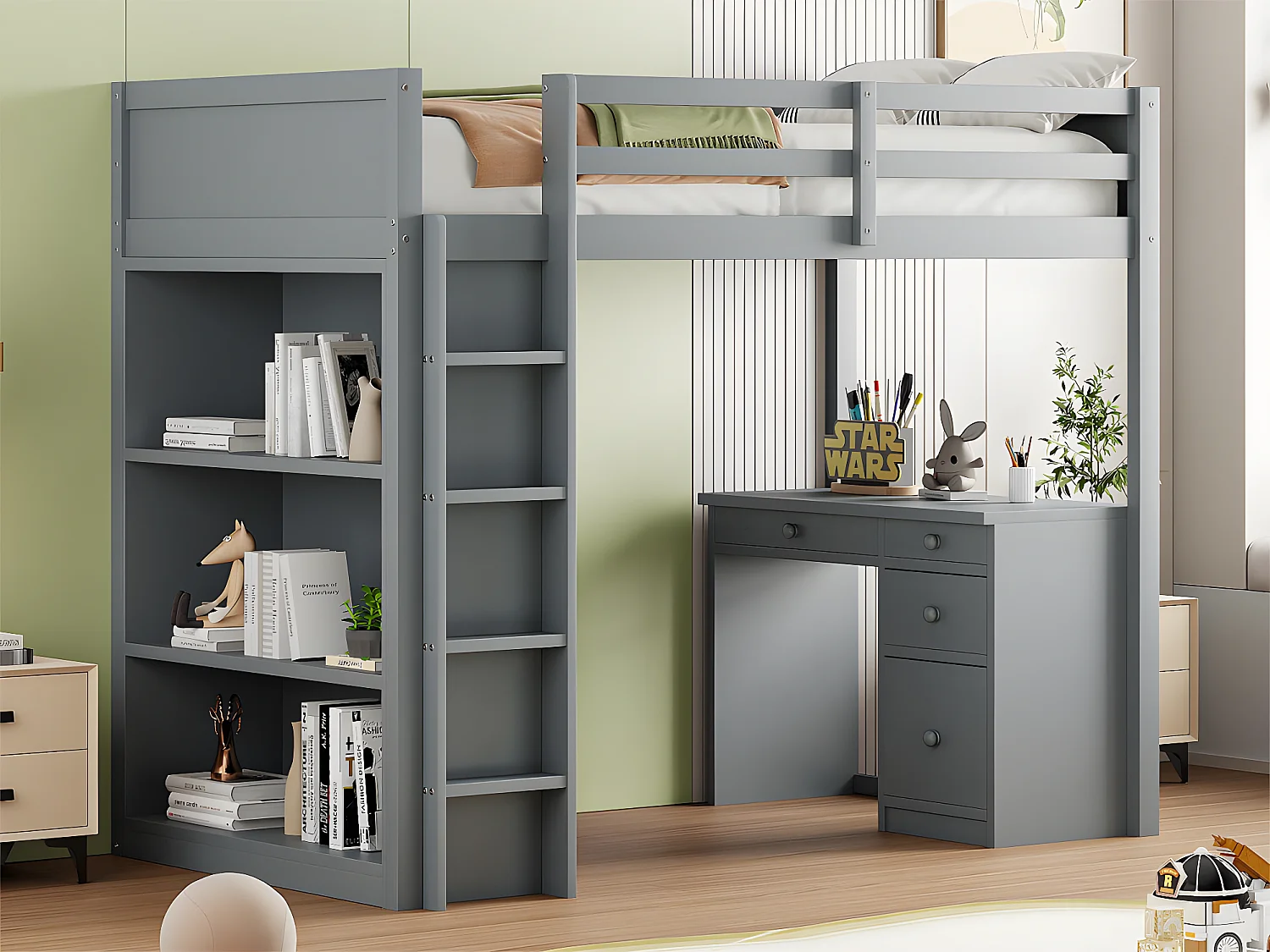 Letto a soppalco 90x200 cm - con mobili contenitori e scrivania - legno massello - Grigio