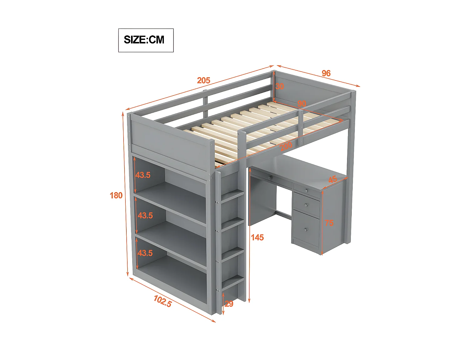 Letto a soppalco 90x200 cm - con mobili contenitori e scrivania - legno massello - Grigio