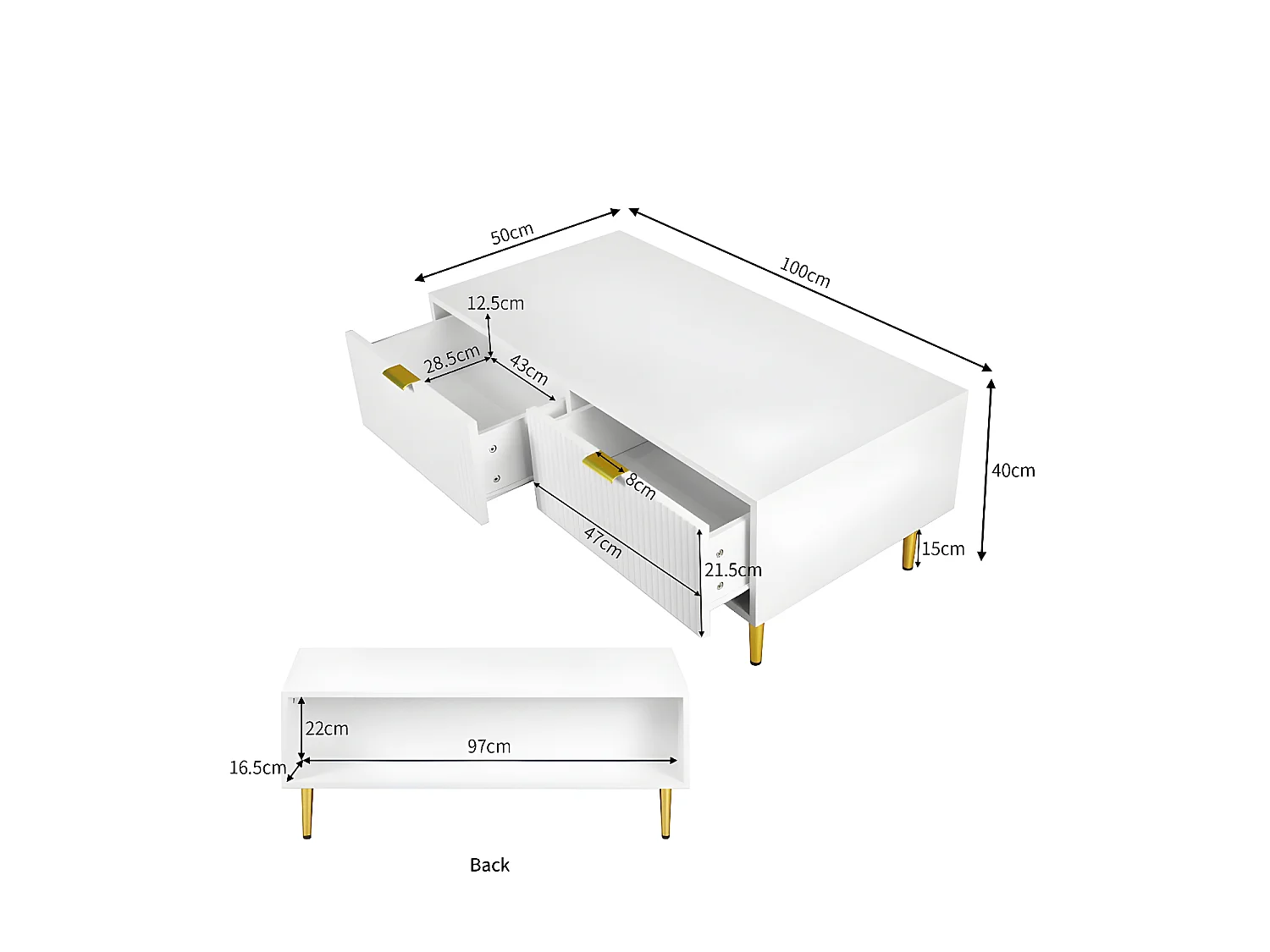 Salontafel - 2 lades - verticaal gestreept design - Wit