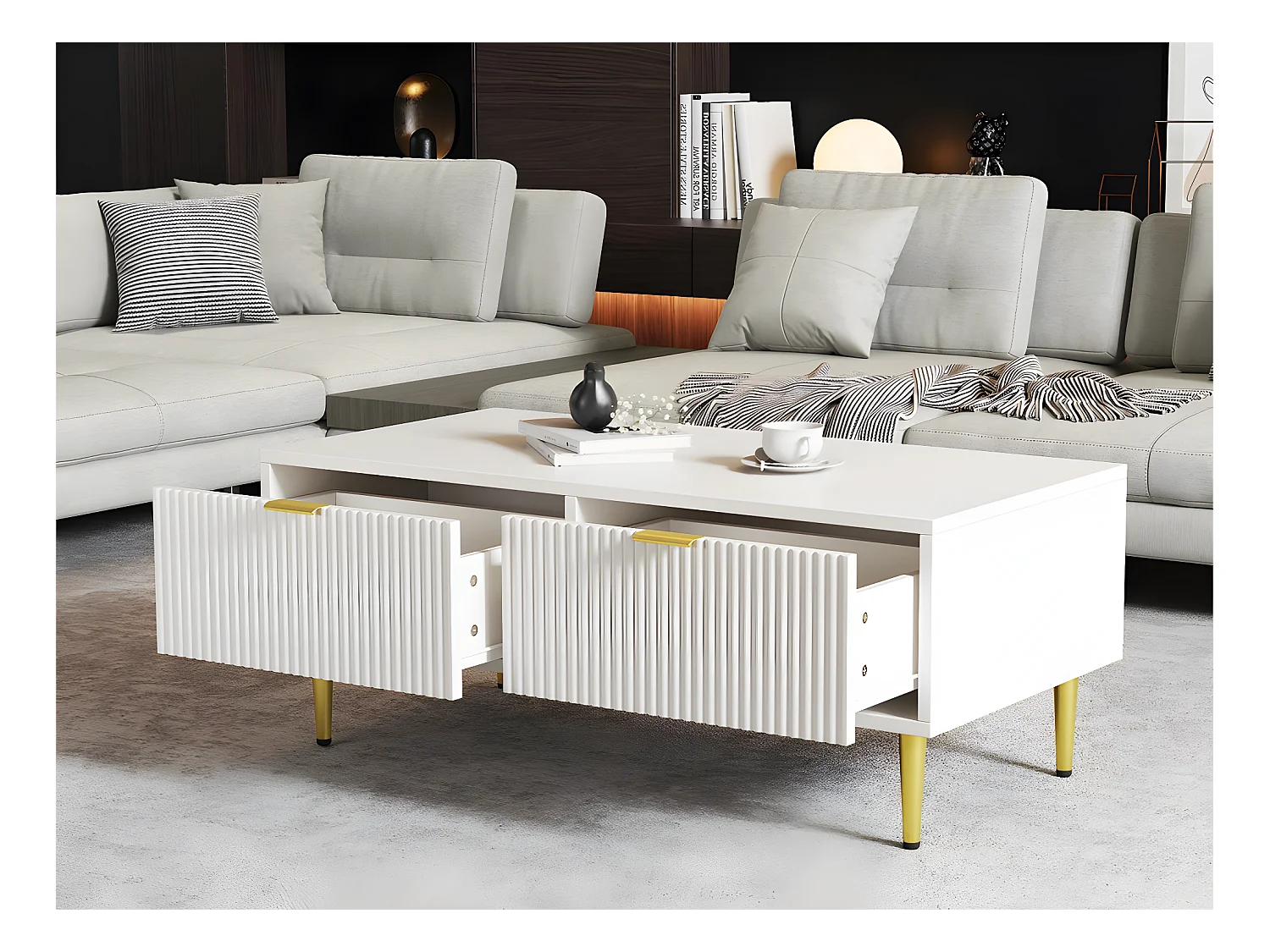 Table basse - 2 tiroirs - design rayures verticales - Blanc