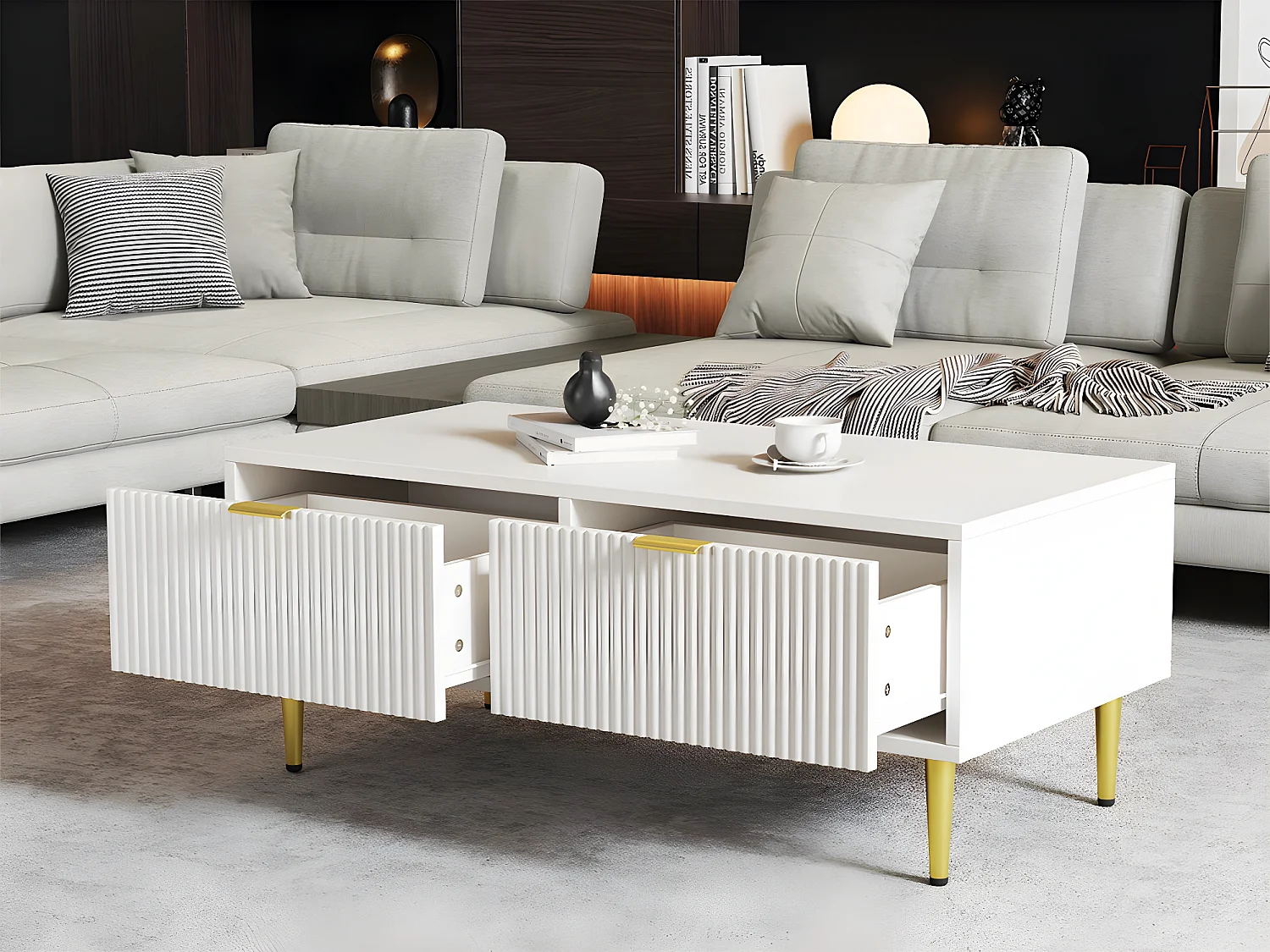 Tavolino - 2 cassetti - design a righe verticali - Bianco