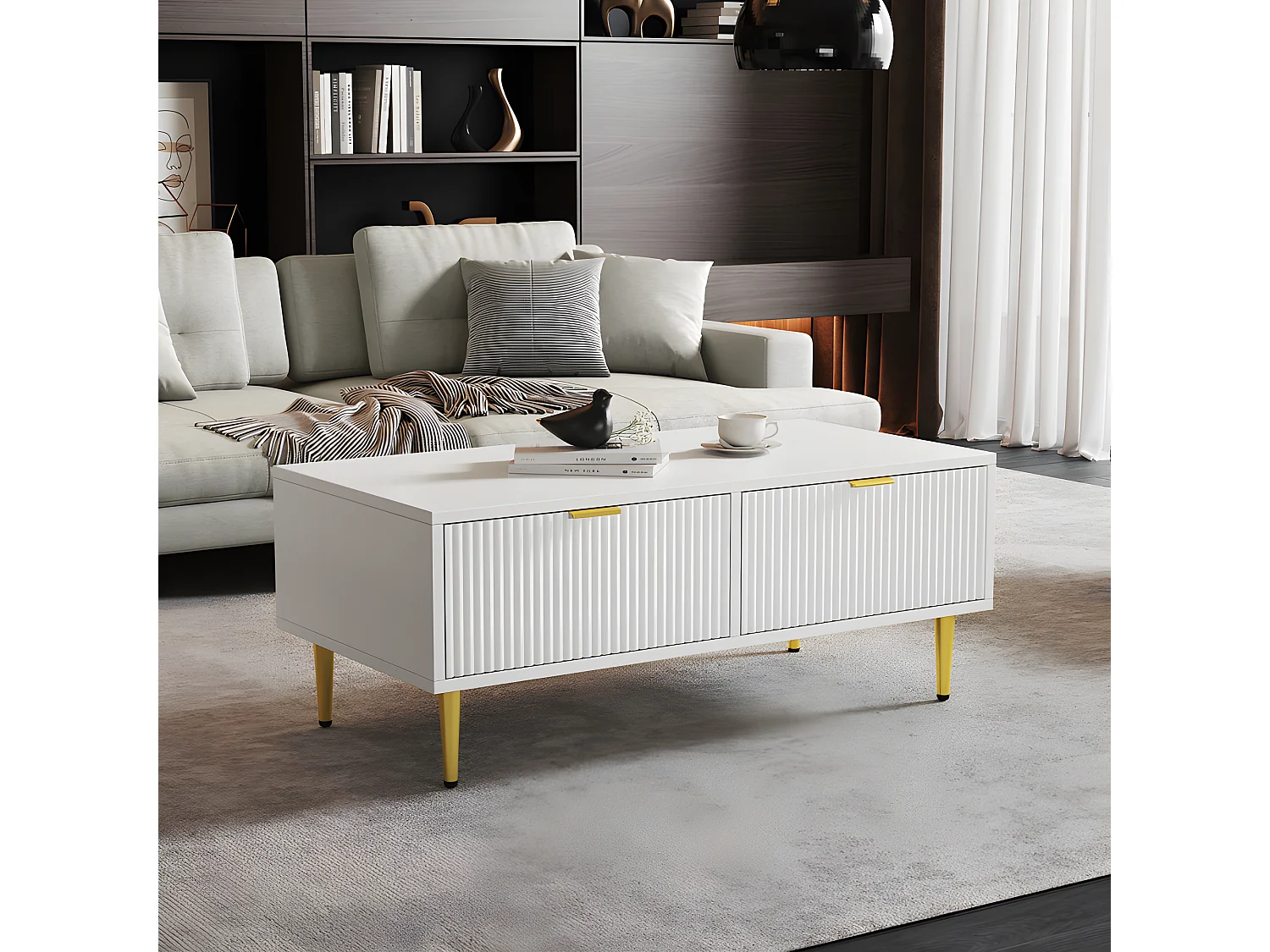 Tavolino - 2 cassetti - design a righe verticali - Bianco