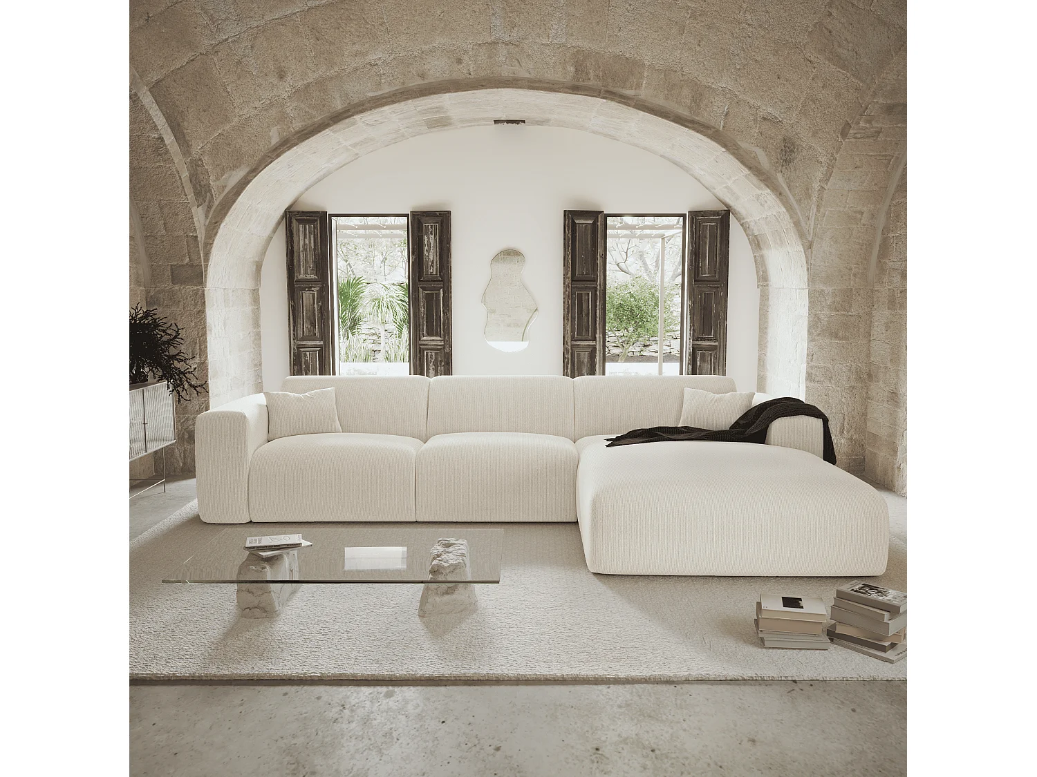 Canapé angle droit convertible dunlopillo velours côtelé crème 140cm MYRA