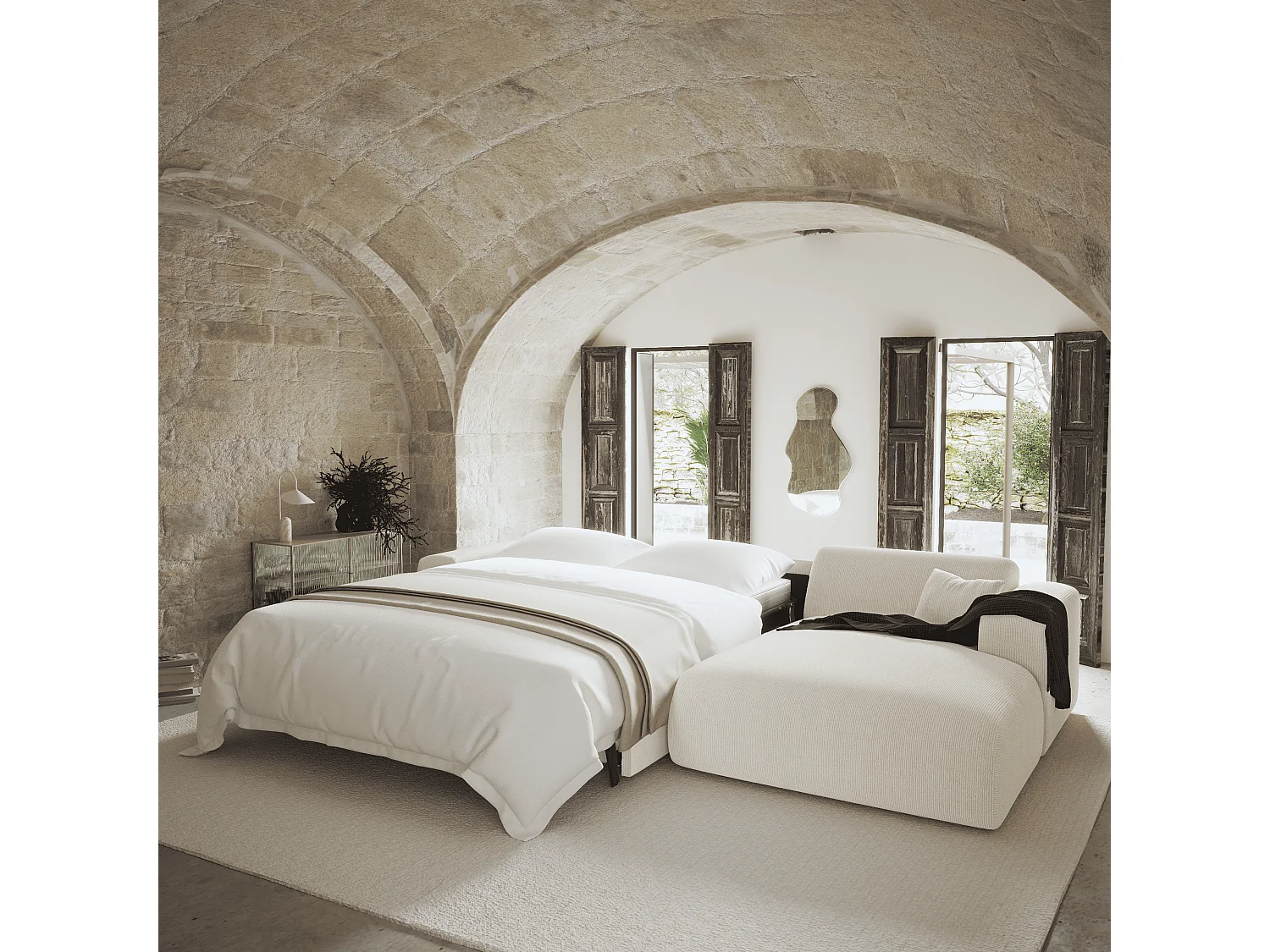 Canapé angle droit convertible dunlopillo velours côtelé crème 140cm MYRA