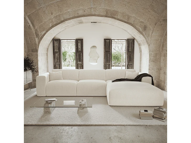 Canapé angle droit convertible dunlopillo velours côtelé crème 140cm MYRA