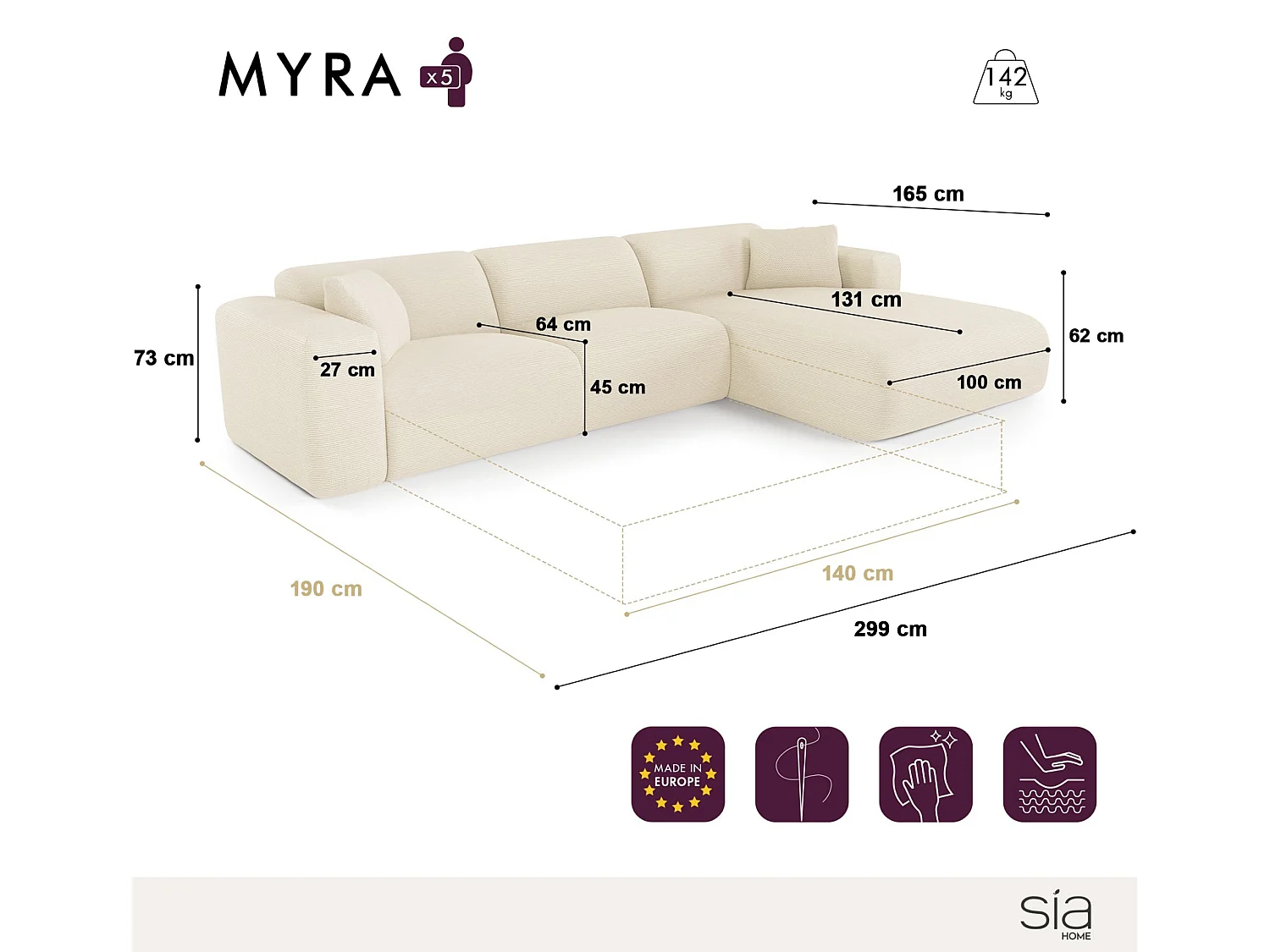 Canapé angle droit convertible dunlopillo 5 places tissu tramé vert MYRA