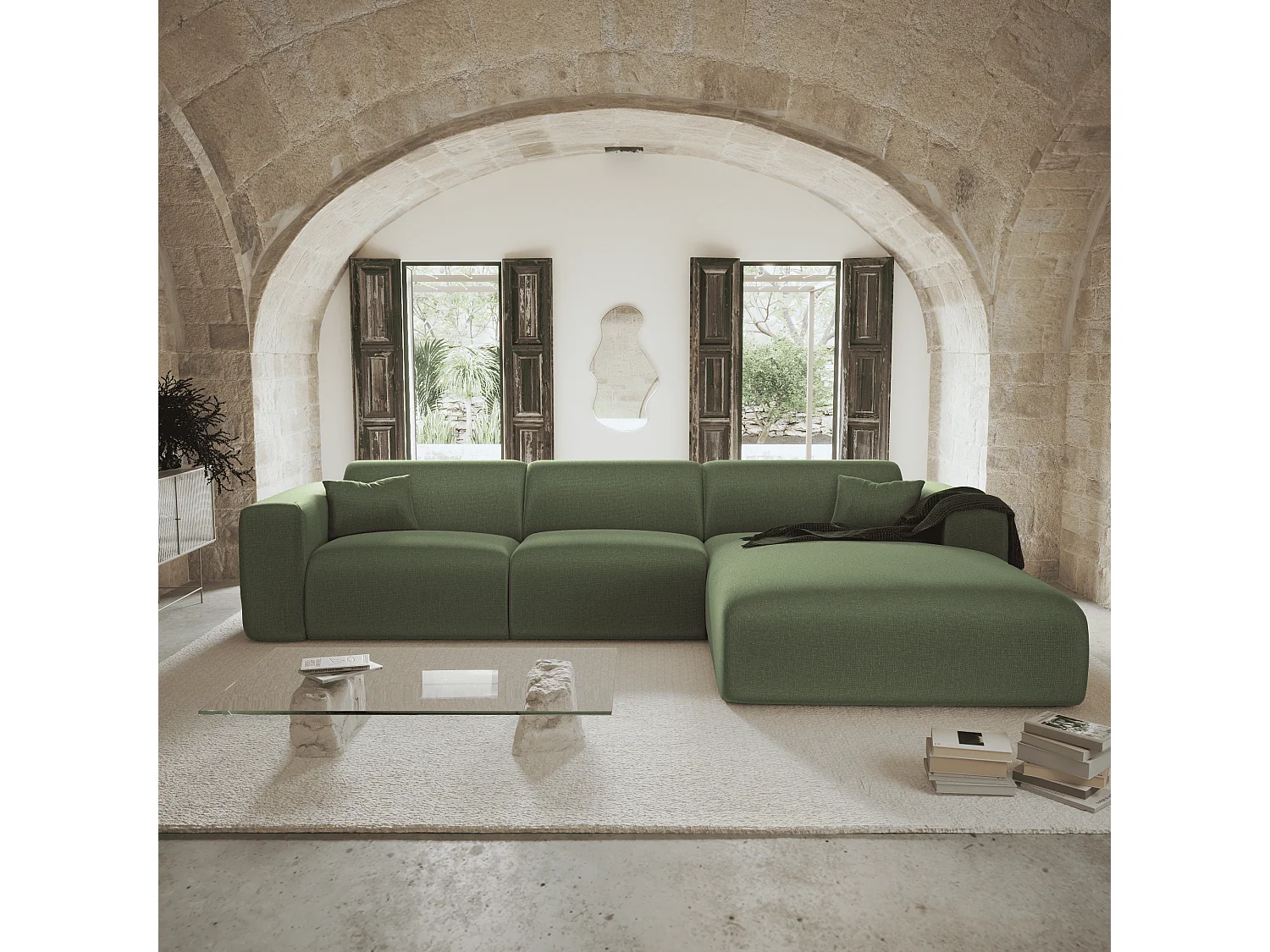 Canapé angle droit convertible dunlopillo 5 places tissu tramé vert MYRA