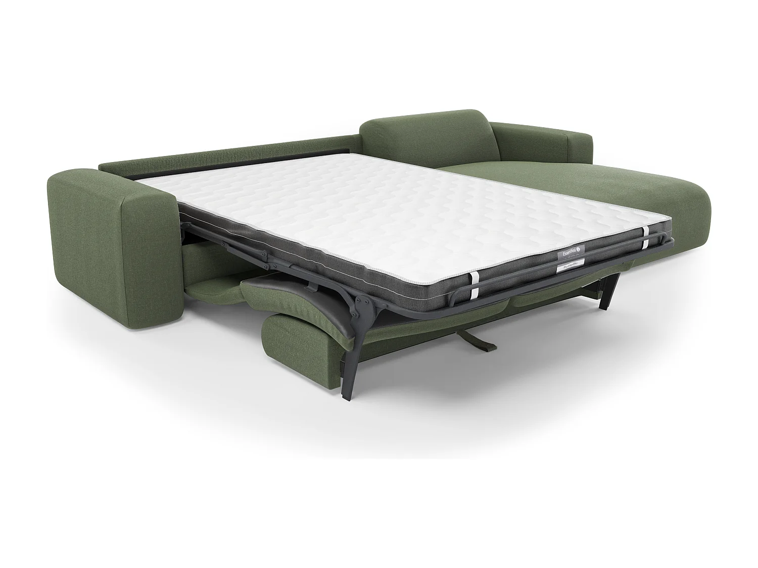 Canapé angle droit convertible dunlopillo 5 places tissu tramé vert MYRA