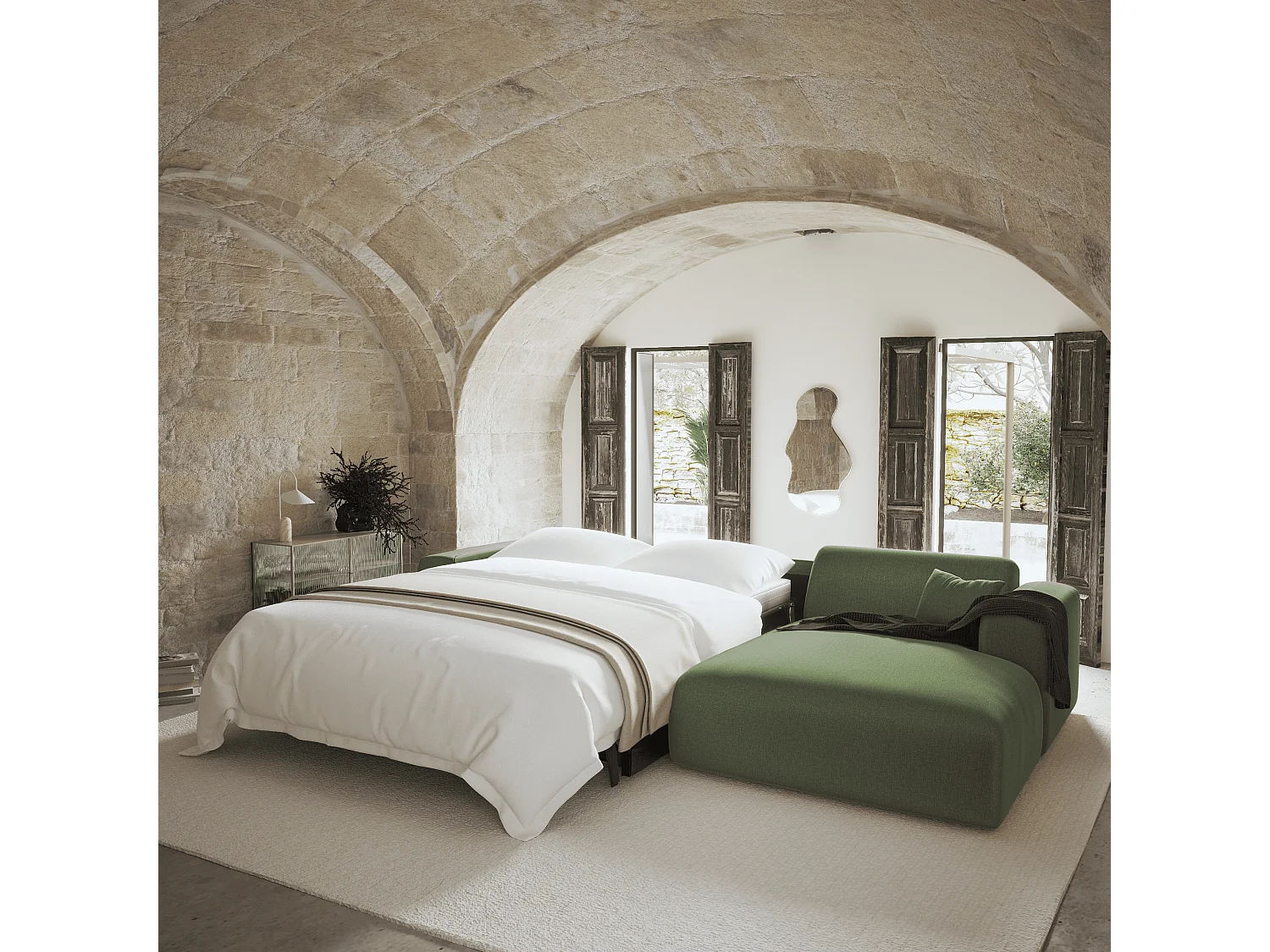 Canapé angle droit convertible express 5 places MYRA en tissu tramé vert olive