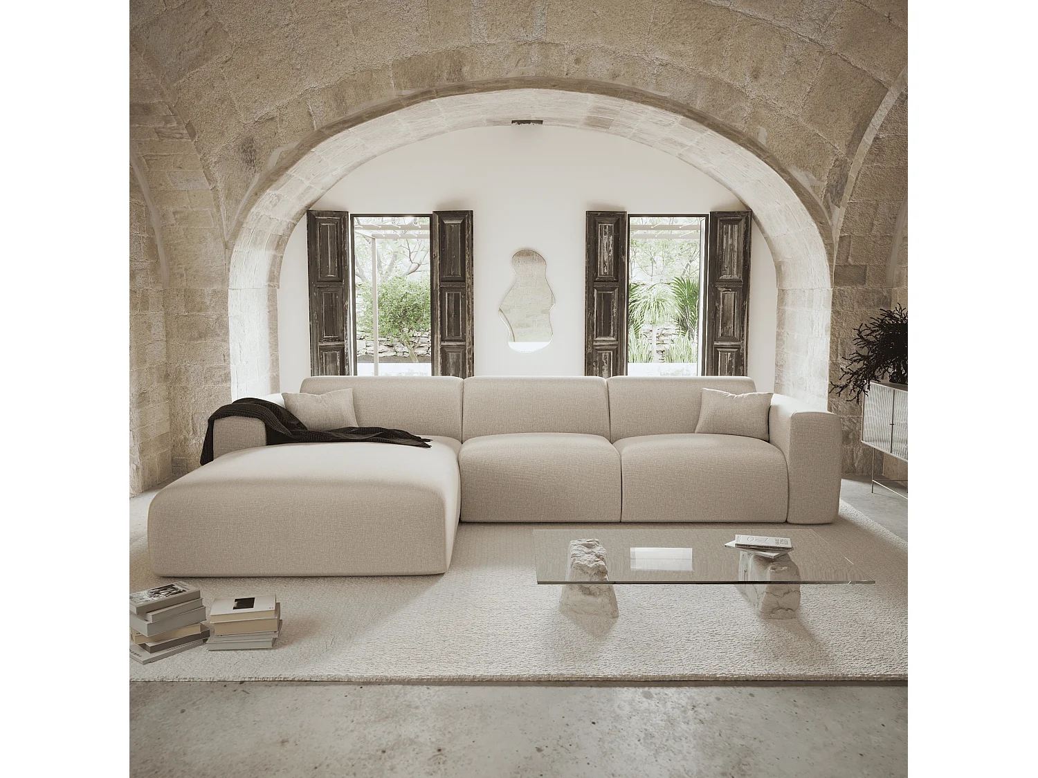 Canapé angle gauche convertible dunlopillo 5 places tissu tramé beige  MYRA