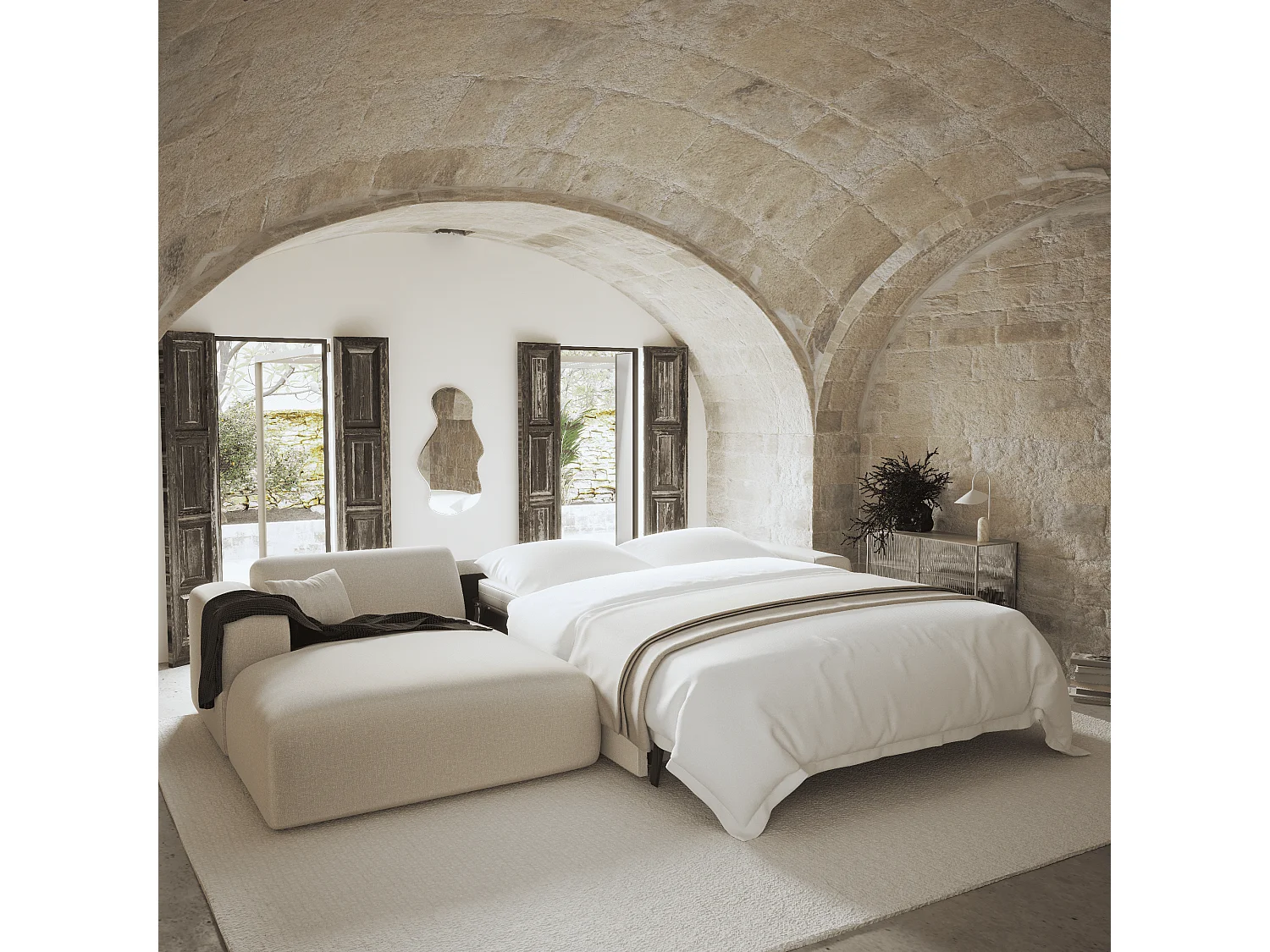 Canapé angle gauche convertible dunlopillo 5 places tissu tramé beige  MYRA