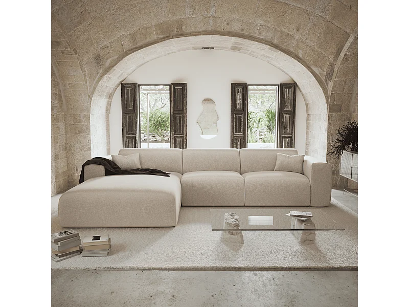 Canapé angle gauche convertible dunlopillo 5 places tissu tramé beige  MYRA