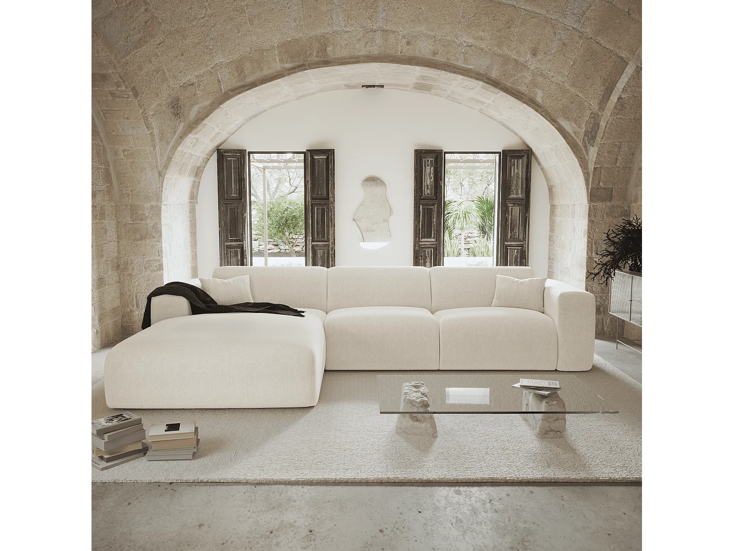 Canapé angle gauche convertible dunlopillo velours côtelé crème 140cm MYRA