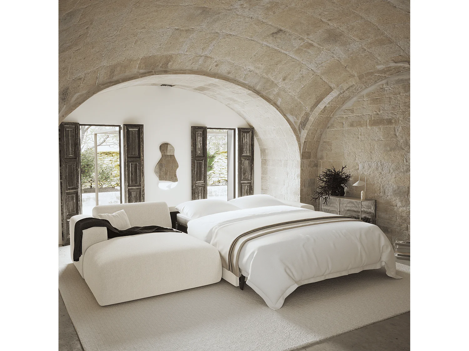 Canapé angle gauche convertible dunlopillo velours côtelé crème 140cm MYRA