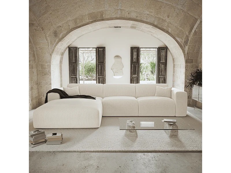 Canapé angle gauche convertible dunlopillo velours côtelé crème 140cm MYRA