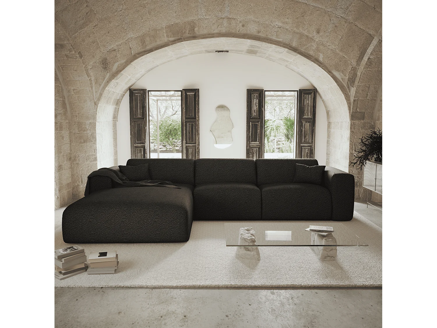 Canapé angle gauche convertible 5 places bouclette anthracite foncé MYRA