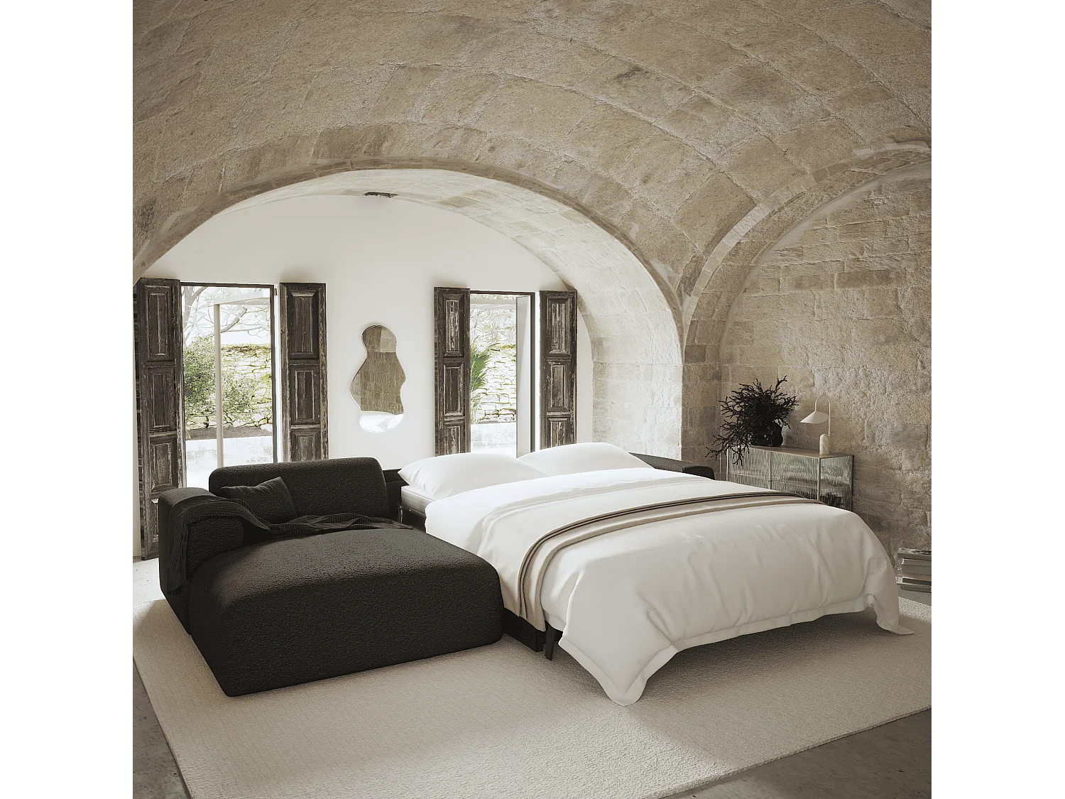 Canapé angle gauche convertible 5 places bouclette anthracite foncé MYRA