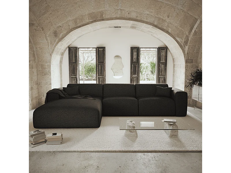 Canapé angle gauche convertible 5 places bouclette anthracite foncé MYRA