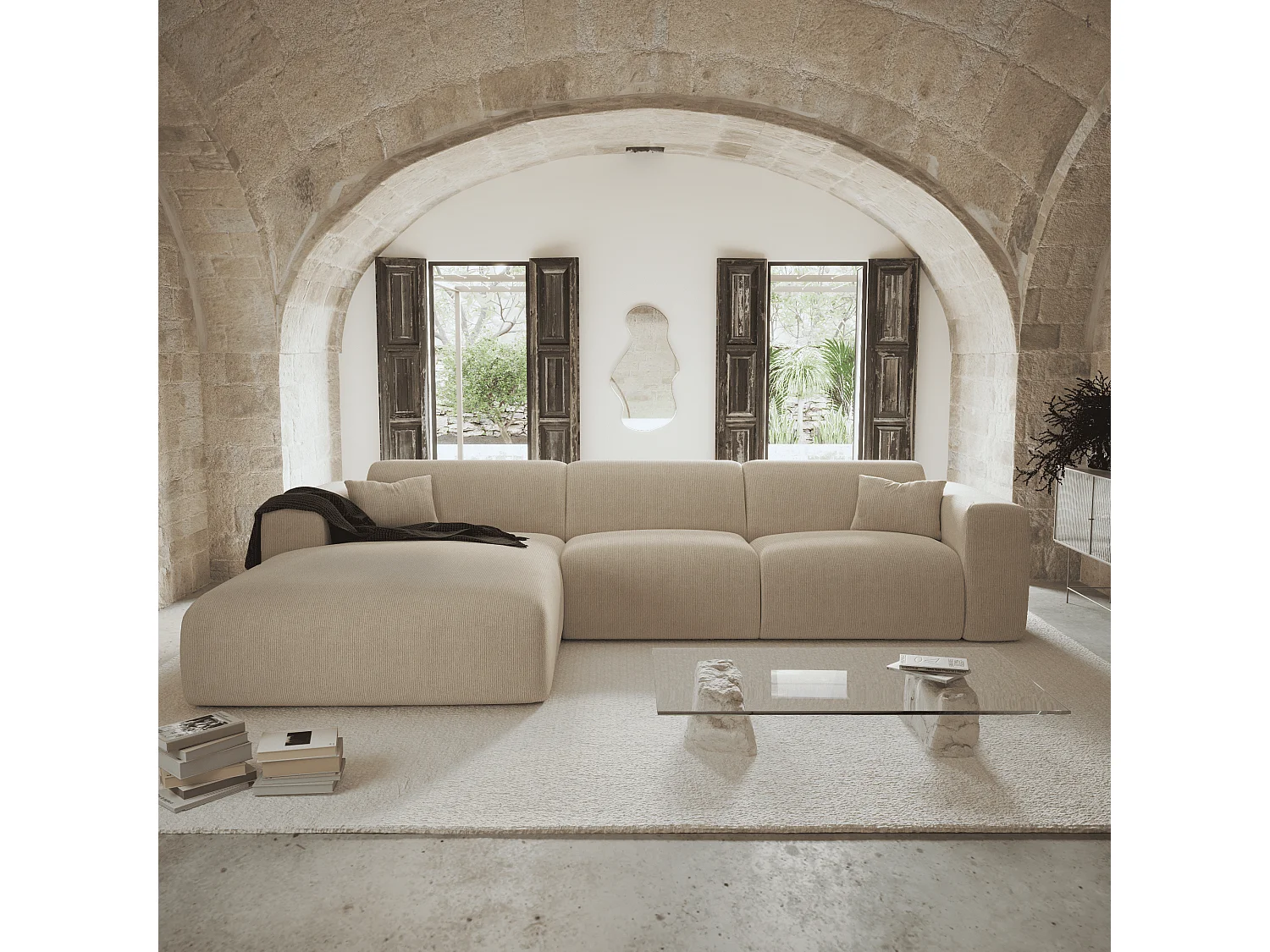 Canapé angle gauche convertible dunlopillo velours côtelé beige 140cm MYRA