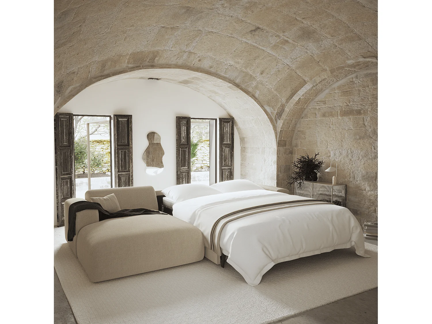 Canapé angle gauche convertible dunlopillo velours côtelé beige 140cm MYRA