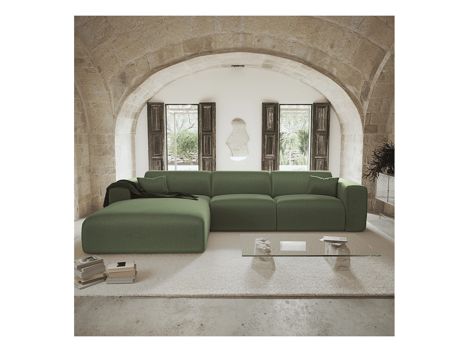 Canapé angle gauche convertible dunlopillo 5 places tissu tramé vert