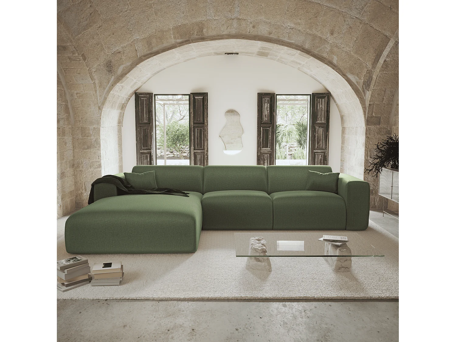 Canapé angle gauche convertible dunlopillo 5 places tissu tramé vert