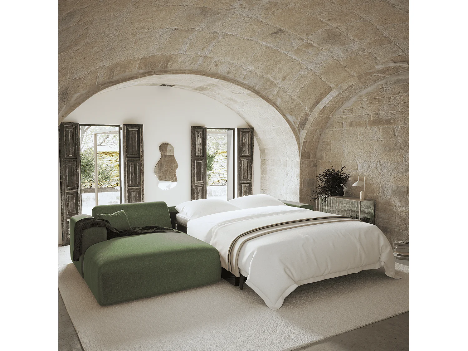 Canapé angle gauche convertible dunlopillo 5 places tissu tramé vert