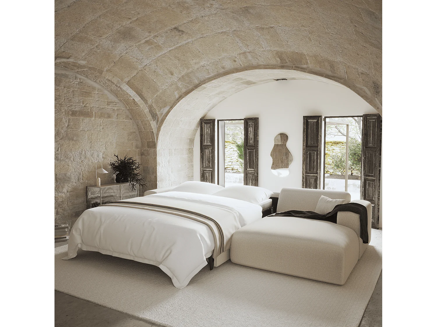 Canapé angle droit convertible dunlopillo 5 places tissu tramé beige  MYRA