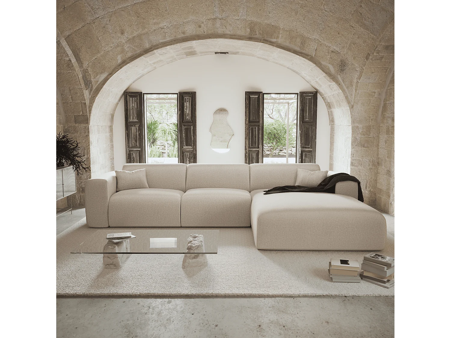 Canapé angle droit convertible dunlopillo 5 places tissu tramé beige  MYRA