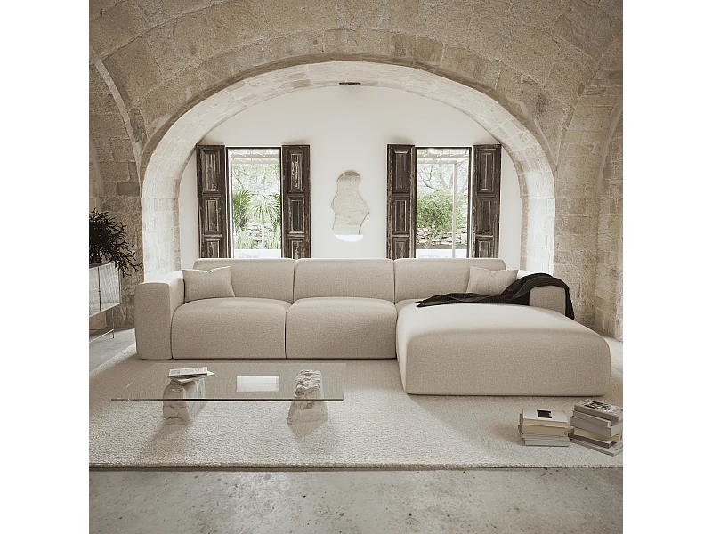 Canapé angle droit convertible dunlopillo 5 places tissu tramé beige  MYRA