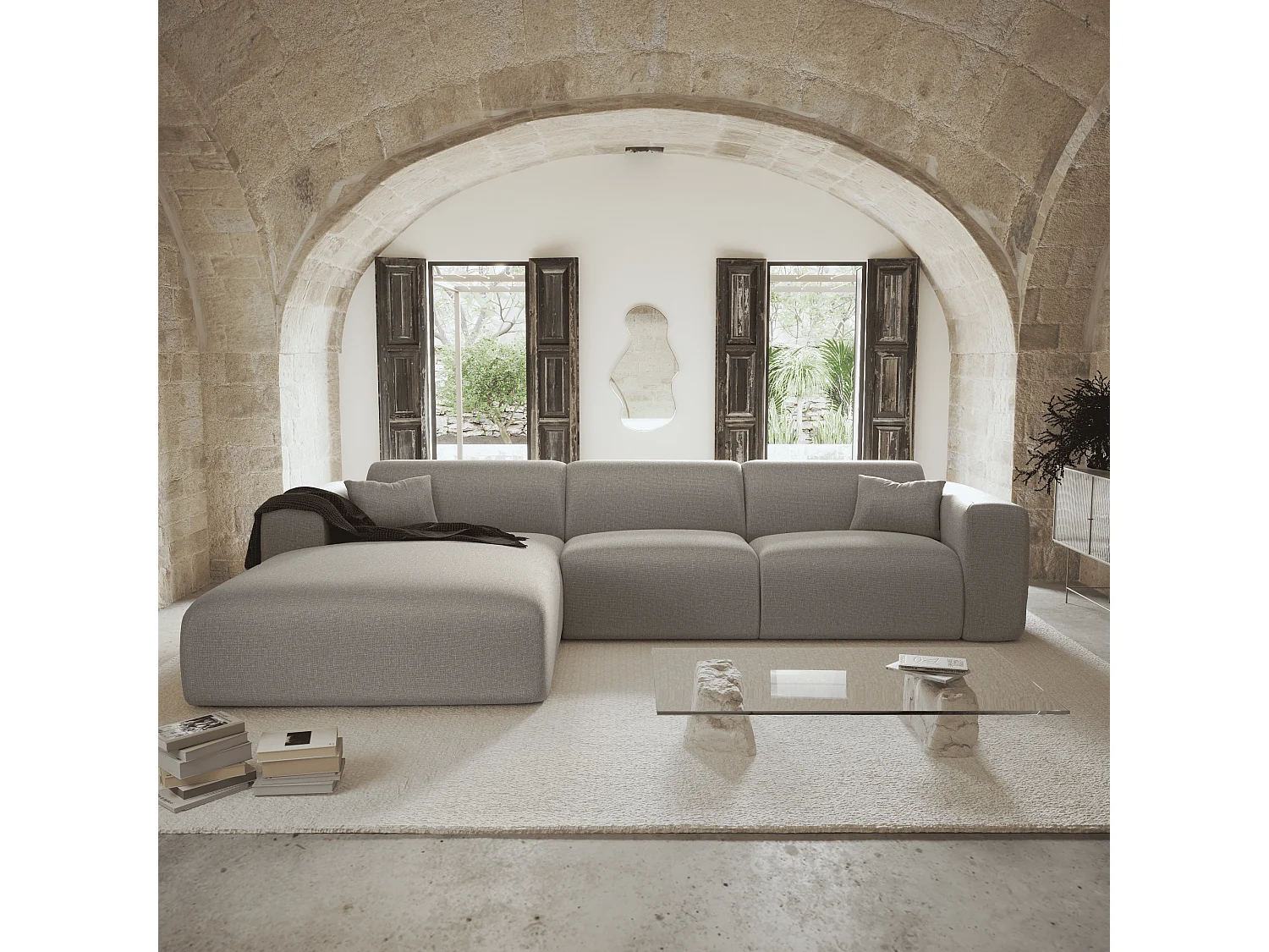 Canapé angle gauche convertible 5 places MYRA en tissu tramé gris clair