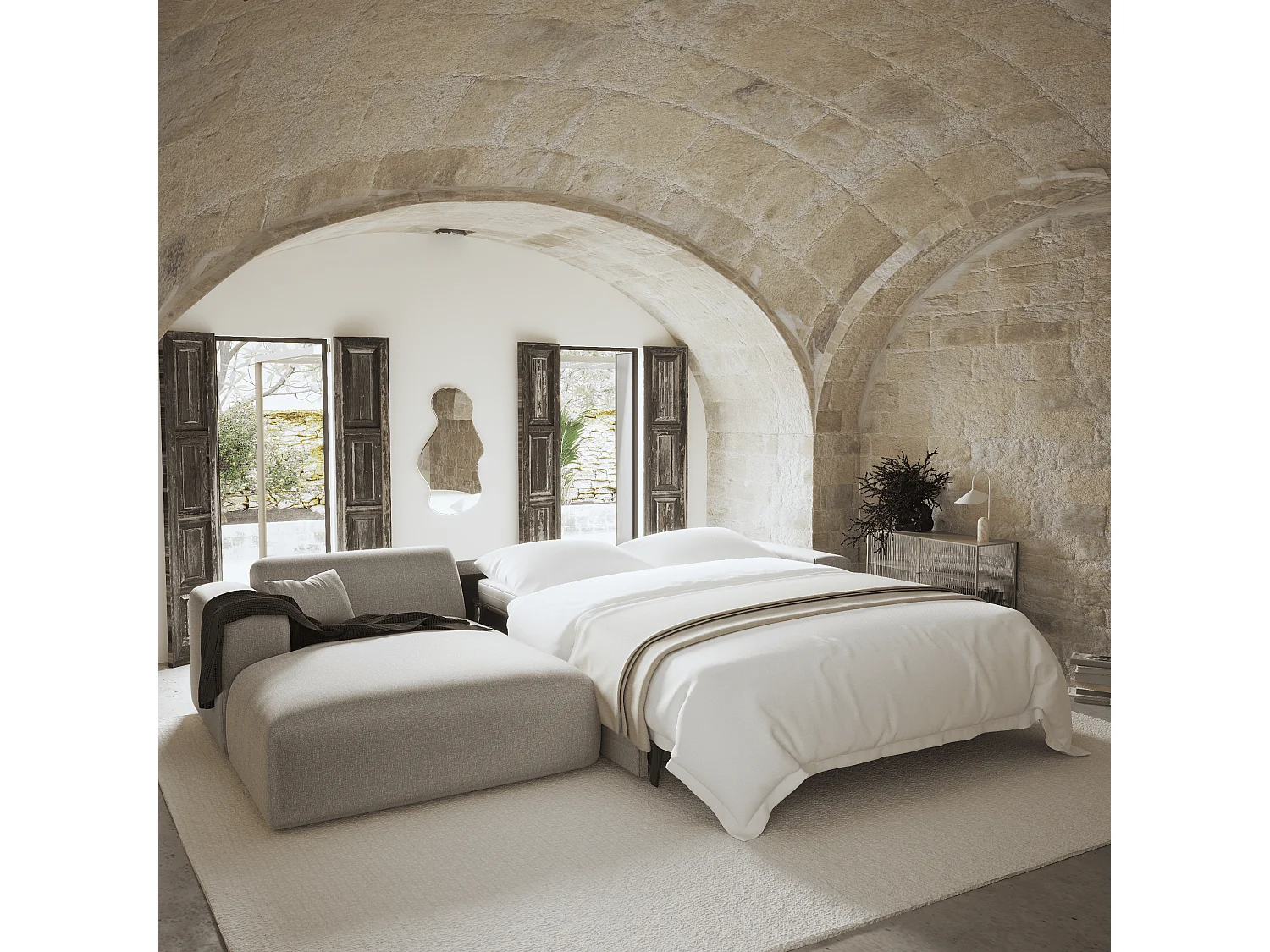 Canapé angle gauche convertible 5 places MYRA en tissu tramé gris clair