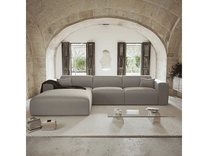 Canapé angle gauche convertible dunlopillo 5 places tissu tramé gris MYRA