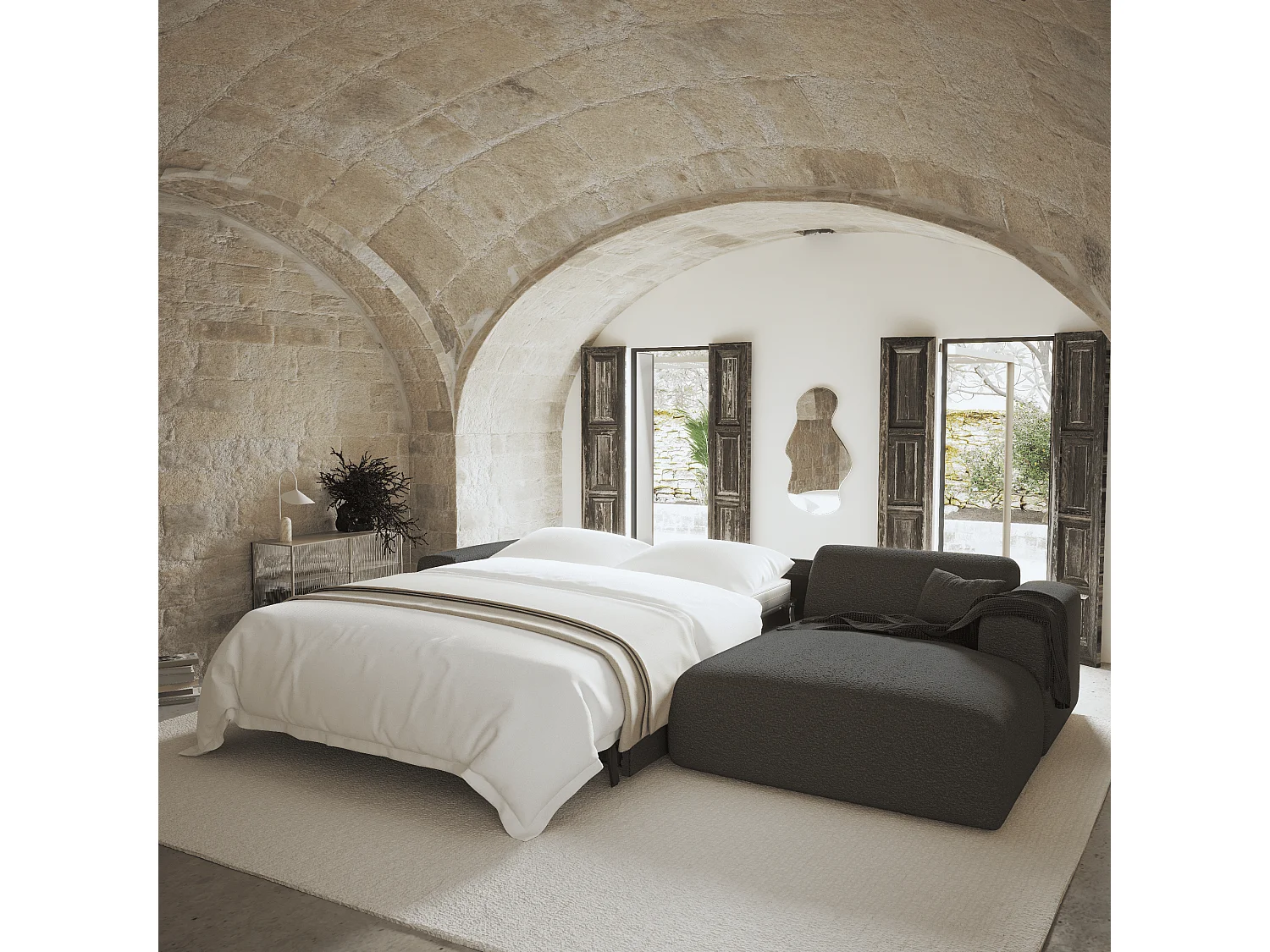 Canapé angle droit convertible dunlopillo 5 places bouclette gris MYRA