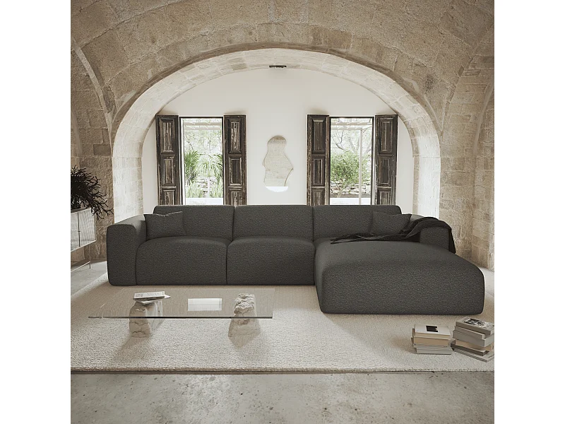 Canapé angle droit convertible dunlopillo 5 places bouclette gris MYRA