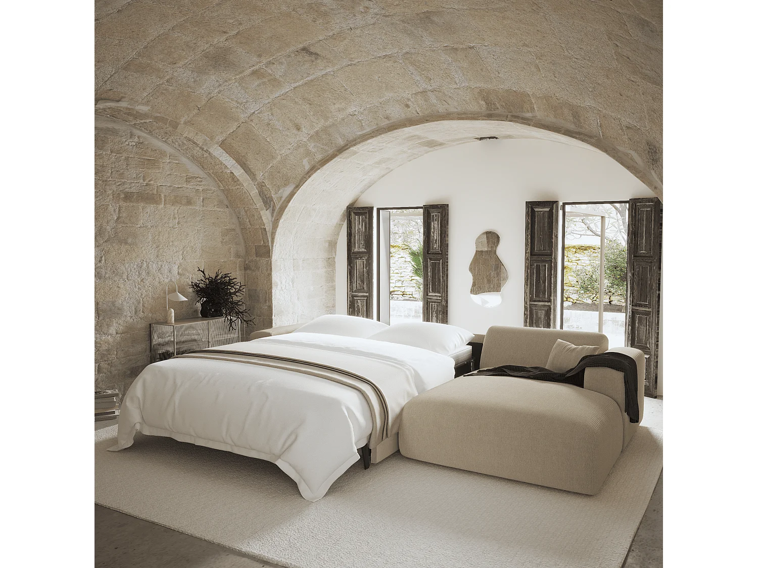 Canapé angle droit convertible dunlopillo velours côtelé beige 140cm MYRA