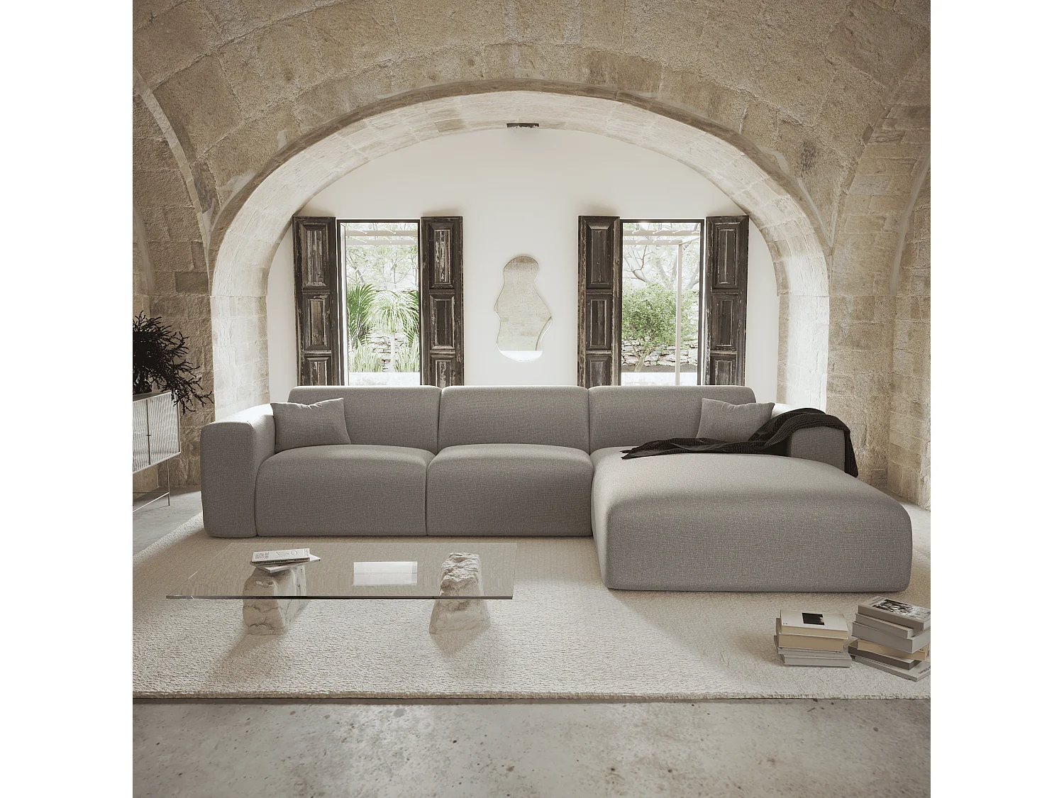 Canapé angle droit convertible express 5 places MYRA en tissu tramé gris clair
