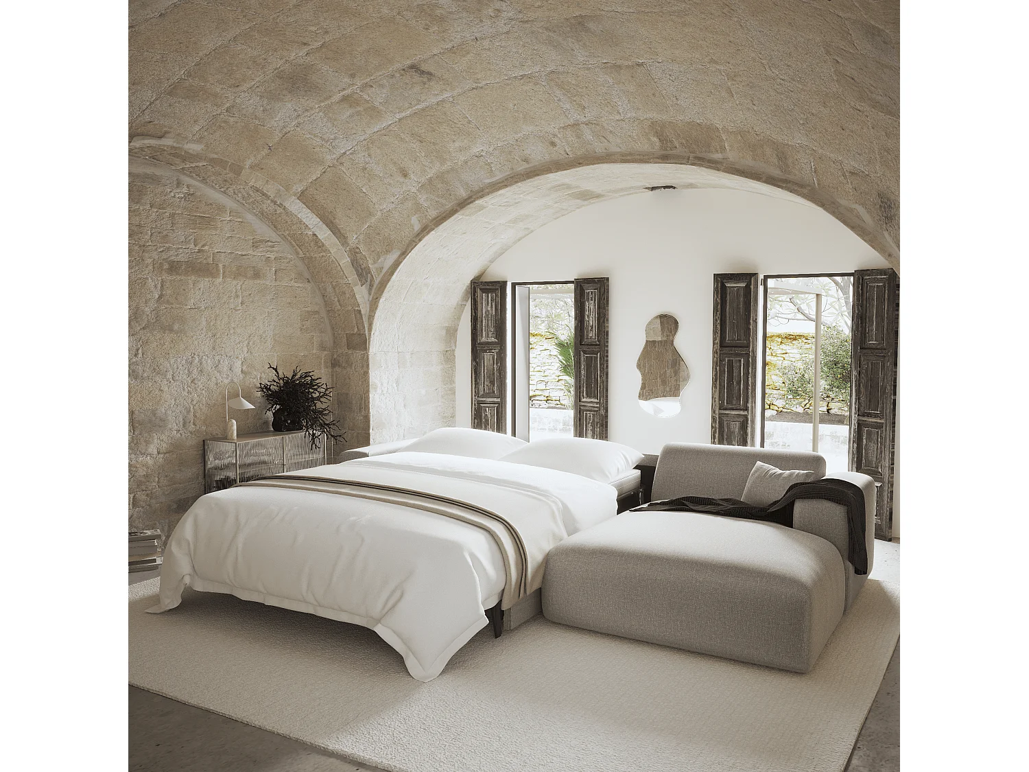 Canapé angle droit convertible express 5 places MYRA en tissu tramé gris clair