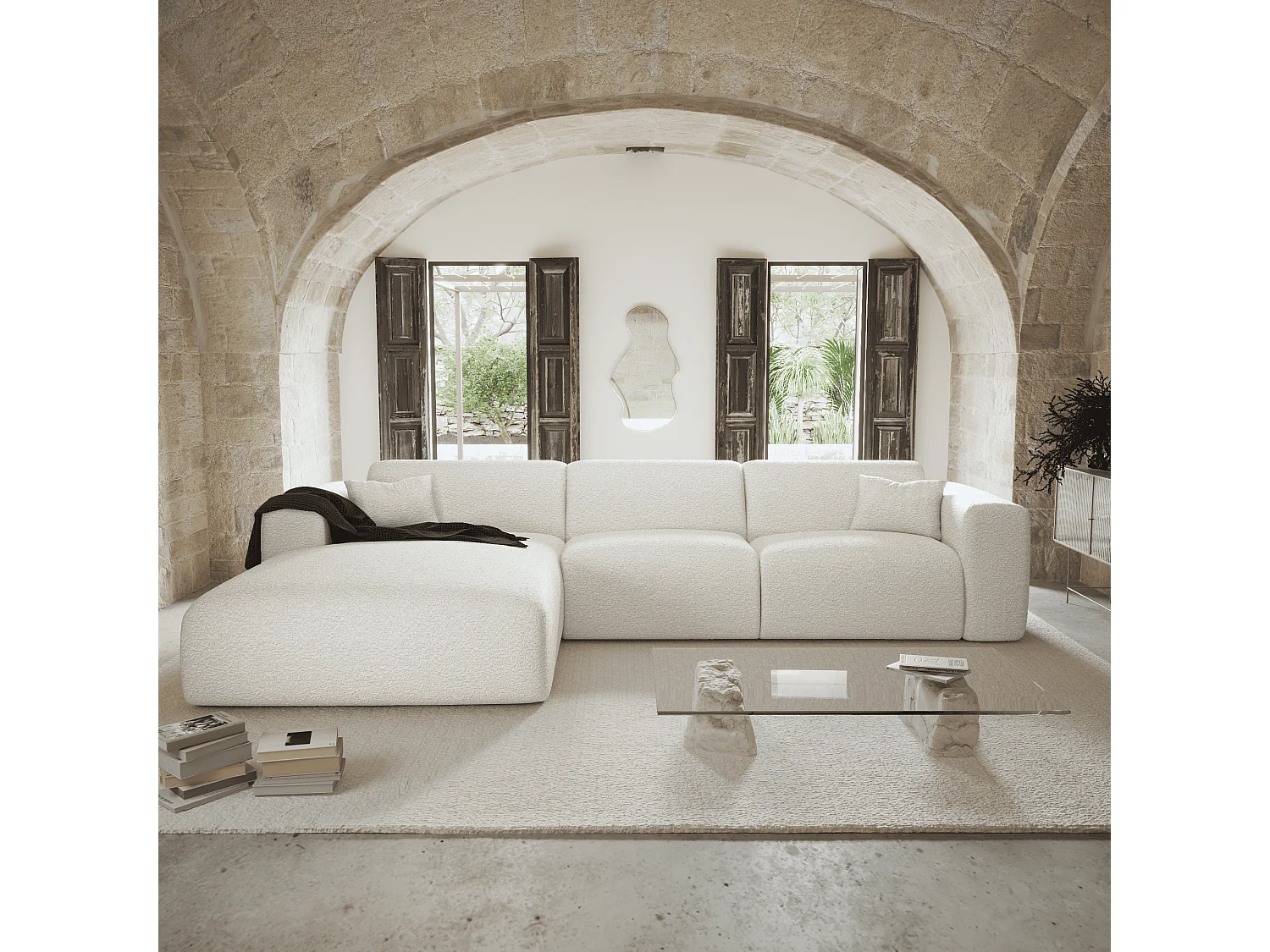 Canapé angle gauche convertible dunlopillo 5 places bouclette crème  MYRA