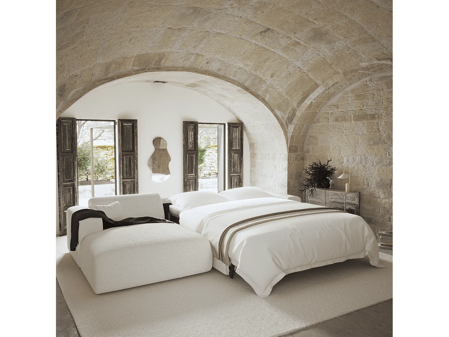 Canapé angle gauche convertible dunlopillo 5 places bouclette crème  MYRA