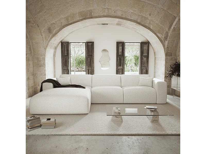 Canapé angle gauche convertible dunlopillo 5 places bouclette crème  MYRA