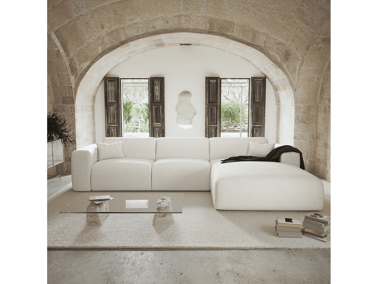 Canapé angle droit convertible dunlopillo 5 places bouclette crème  MYRA