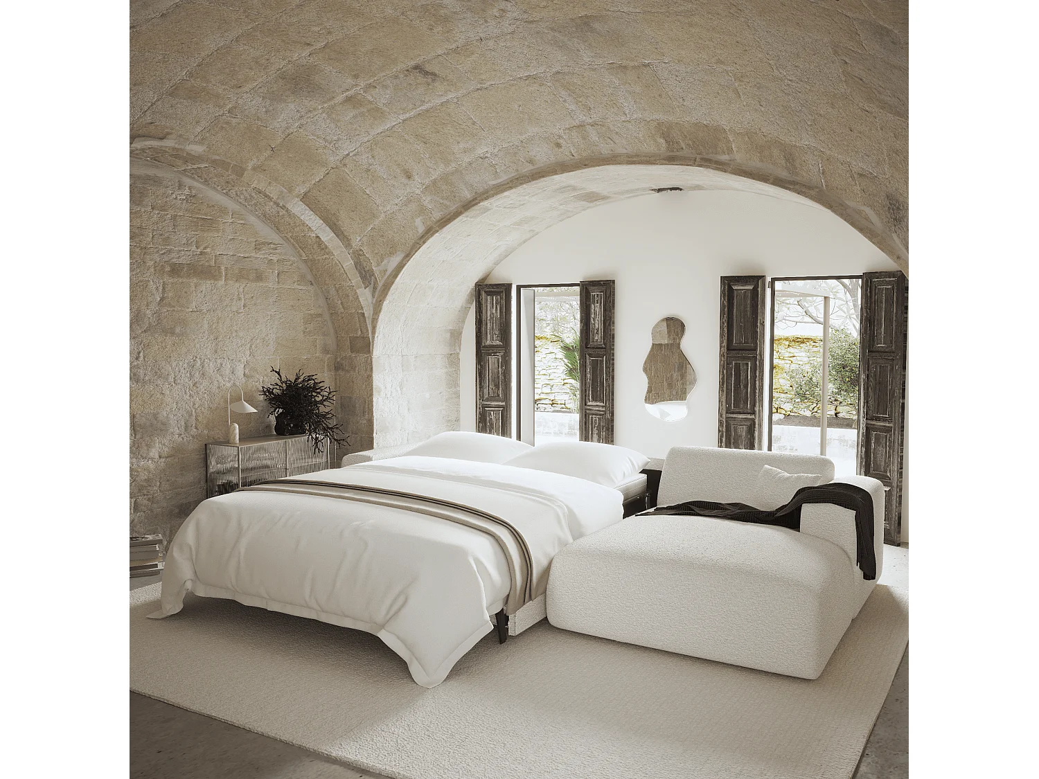 Canapé angle droit convertible dunlopillo 5 places bouclette crème  MYRA